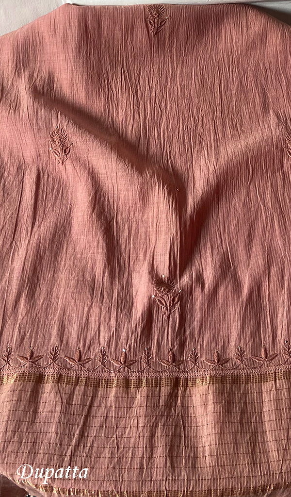 Women's Lakhnavi Handcrafted Maheswari Mul Chanderi Unstitched Chikankari Full Suit Material - HONC0278101