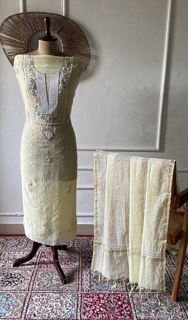 Women's Lakhnavi Handcrafted Mul Chanderi Unstitched Chikankari Full Suit Material - HONC0365830