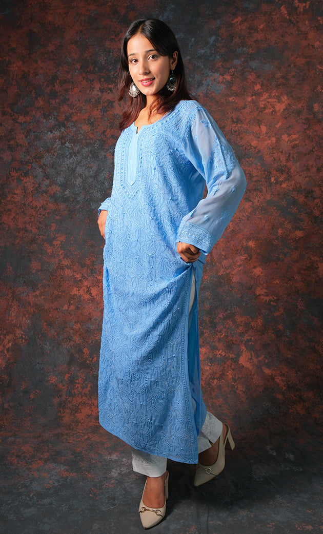 Yusra Women's Lakhnavi Handcrafted Viscose Georgette Chikankari Kurti- HONC0327254