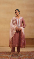 Jazba Women's Lakhnavi Handcrafted Mul Chanderi Chikankari Stitched Kurta, Dupatta And Pant Set - HONC0565945