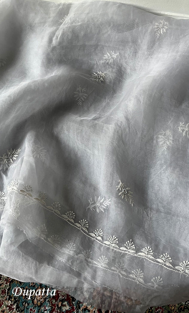 Women's Lakhnavi Handcrafted Pure Organza Chikankari Unstitched Kurta And Dupatta Set- HONC0311253