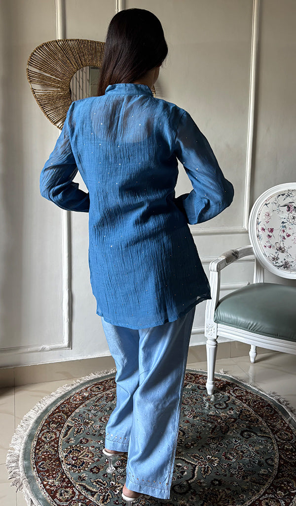 Emma Women's Lucknowi Handcrafted Mul Chanderi Stitched Chikankari Kurta And Pant Set- HONC0320764