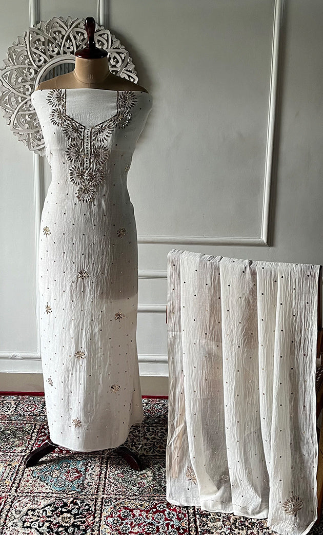 Women's Lakhnavi Handcrafted Mul Chanderi Unstitched Kurta And Dupatta Set- HONC0338724