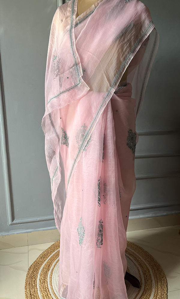 Amna Women's Lucknowi Handcrafted Pure Organza Silk Chikankari Saree - HONC0294413