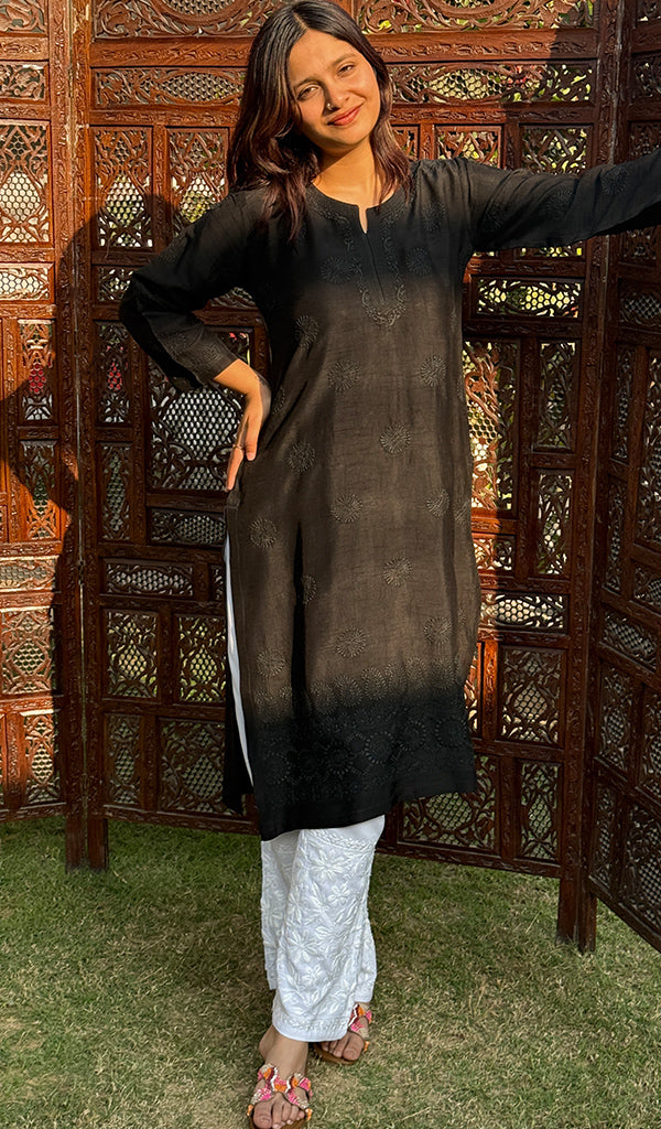 Women's Lucknowi Handcrafted Raw Silk Chikankari Kurti - HONC0224014