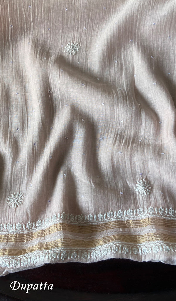 Women's Lakhnavi Handcrafted  Maheshwari  Mul Chanderi Kurta And Dupatta Set - HONC029002