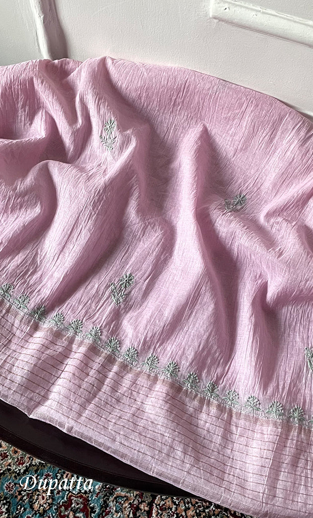 Women's Lakhnavi Handcrafted Mul Chanderi Unstitched Chikankari Full Suit Material - HONC0319506