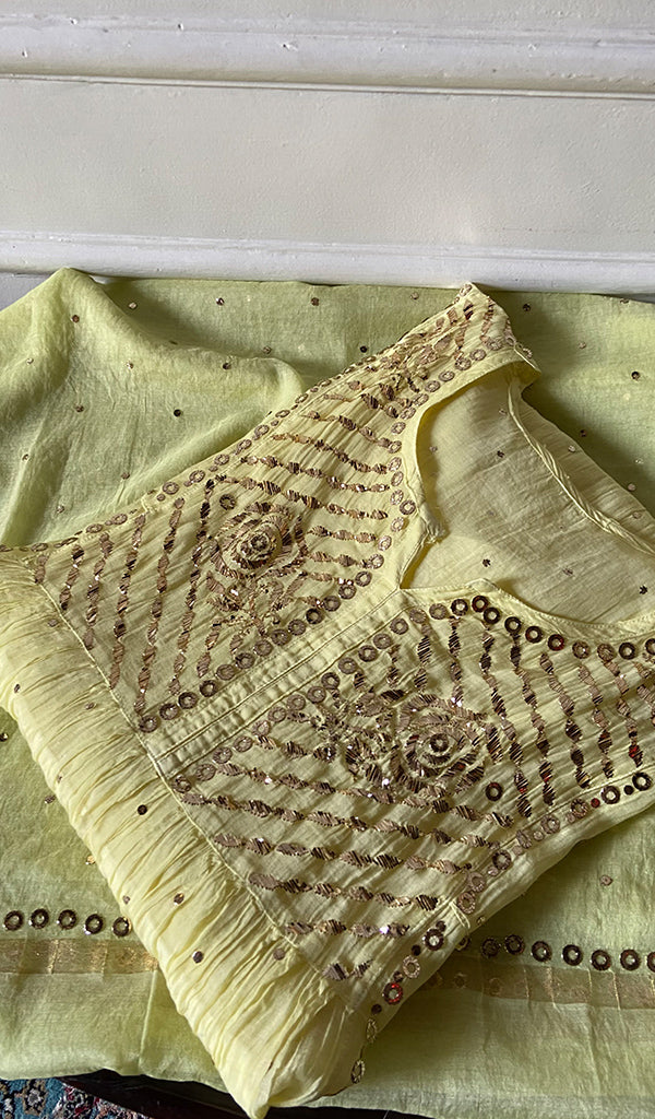 Women's Lakhnavi Handcrafted Mul Chanderi Semi - Stitchd Kurta And Dupatta Set - HONC0355821