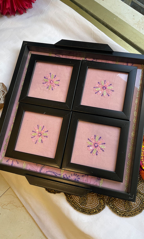 Chikankari Tray with Four Coasters - HONC0295531
