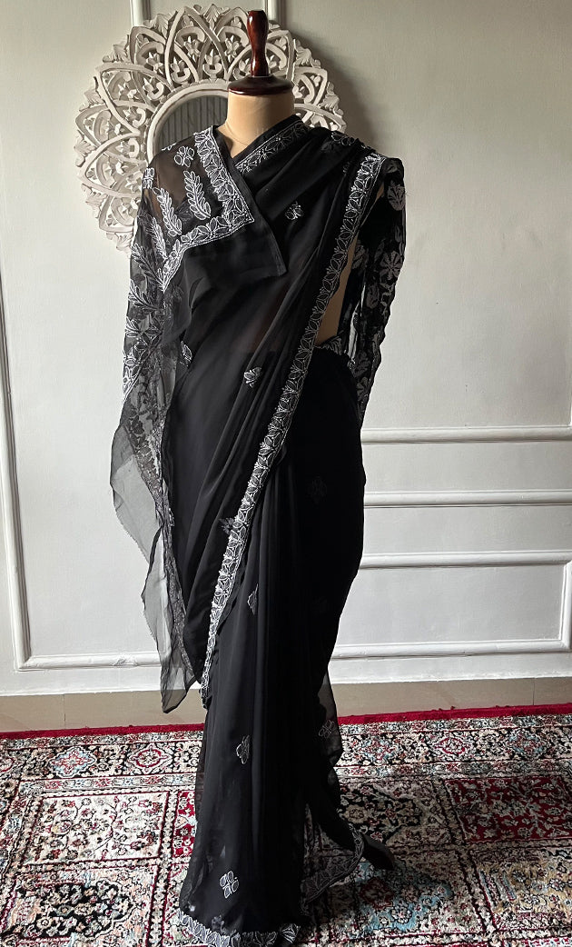 Women's Lucknowi Handcrafted  Faux-Georgette Chikankari Saree - HONC0188877