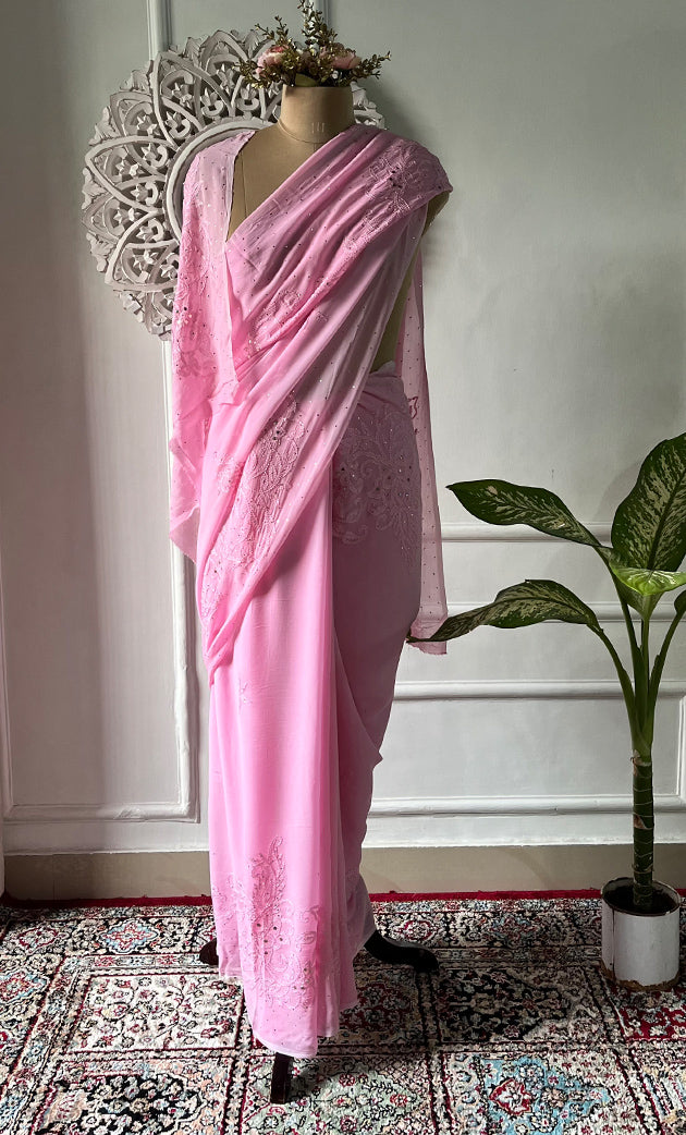 Women's Lakhnavi Handcrafted Viscose Georgette Chikankari Saree - HONC0317903
