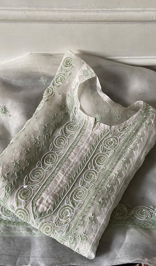 Women's Lucknowi Handcrafted Pure Organza Silk Chikankari Semi- stitched Kurta Dupatta Set- HONC0363193