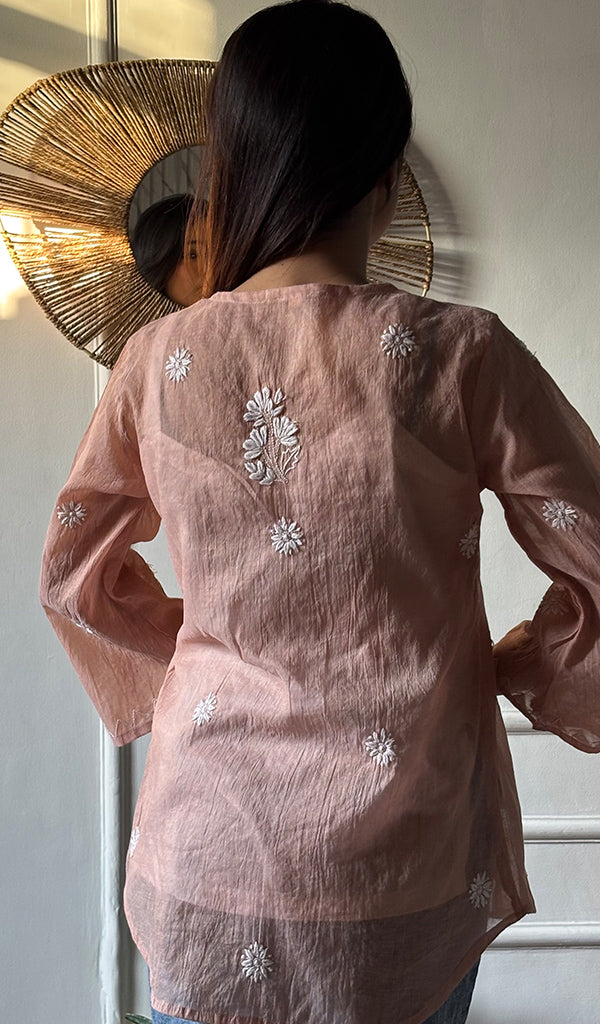 Vaanya Women's Lakhnavi Handcrafted Mul Chanderi Chikankari Top - HONC0334143