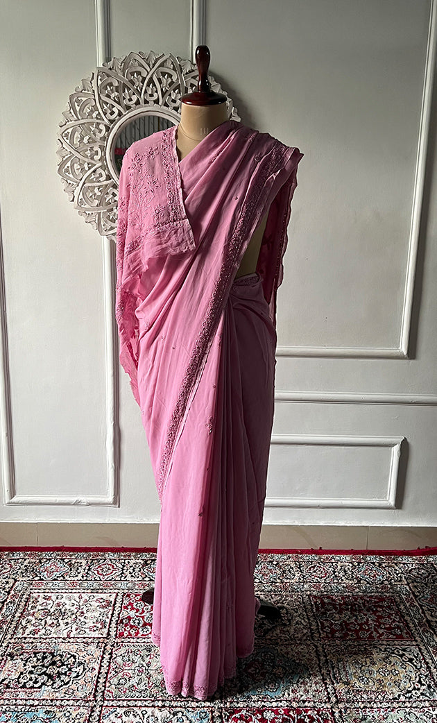 Women's Lakhnavi Handcrafted Viscose Georgette Chikankari Saree - HONC0333857