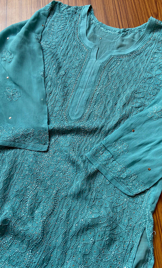 Yusra Women's Lakhnavi Handcrafted Viscose Georgette Chikankari Kurti- HONC0282692