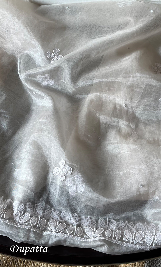 Women's Lakhnavi Handcrafted Organza Chikankari Unstitched Full Suit Material - HONC0284619