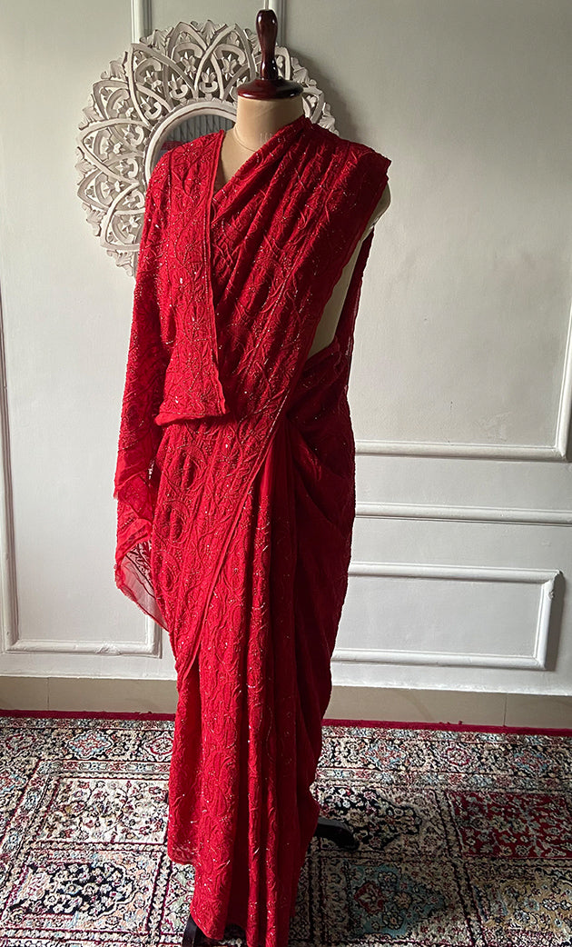 Women's Lakhnavi Handcrafted Pure Silk Georgette Chikankari Saree - HONC0352795