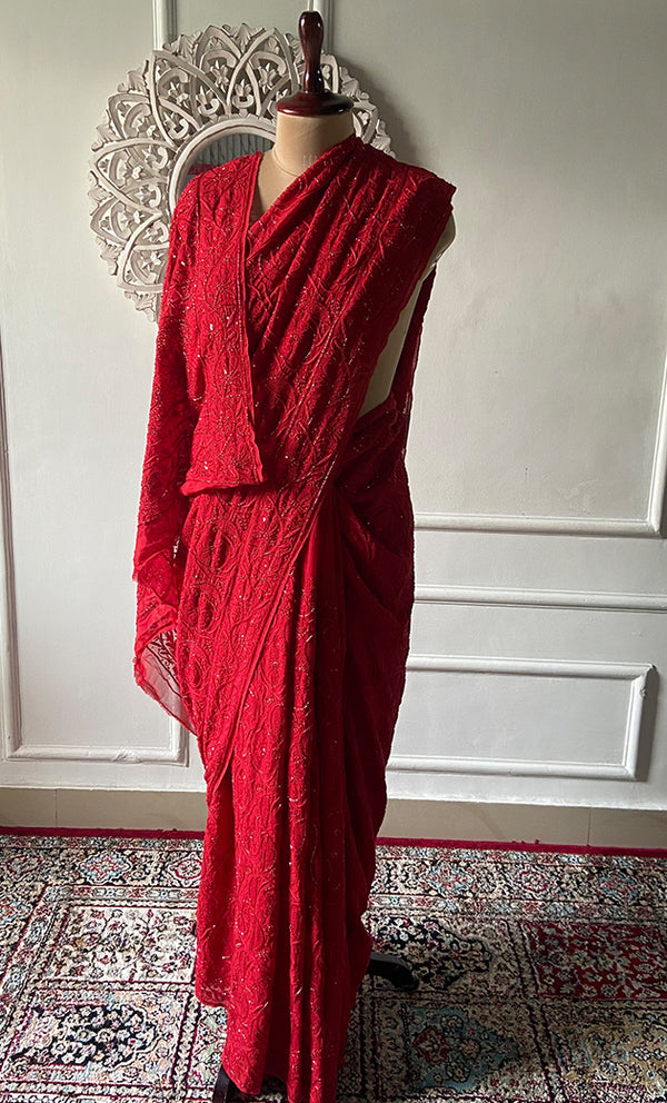 Women's Lakhnavi Handcrafted Pure Silk Georgette Chikankari Saree - HONC0286873