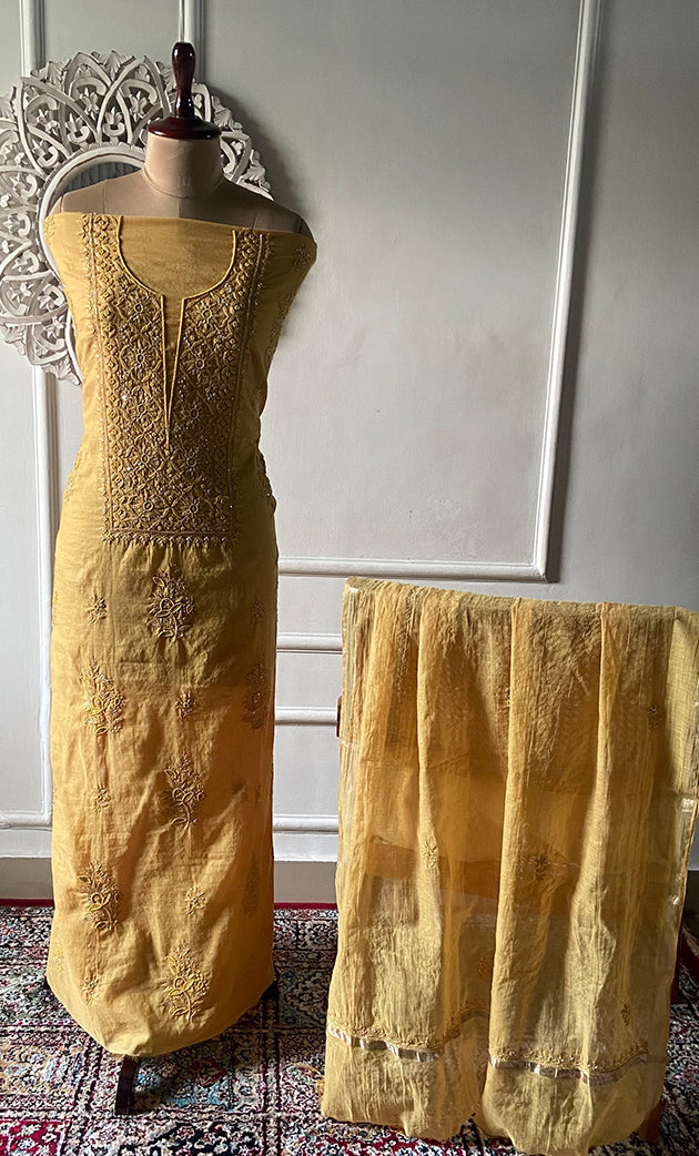 Women's Lakhnavi Handcrafted Mul Chanderi Unstitched Chikankari Full Suit Material - HONC0328113