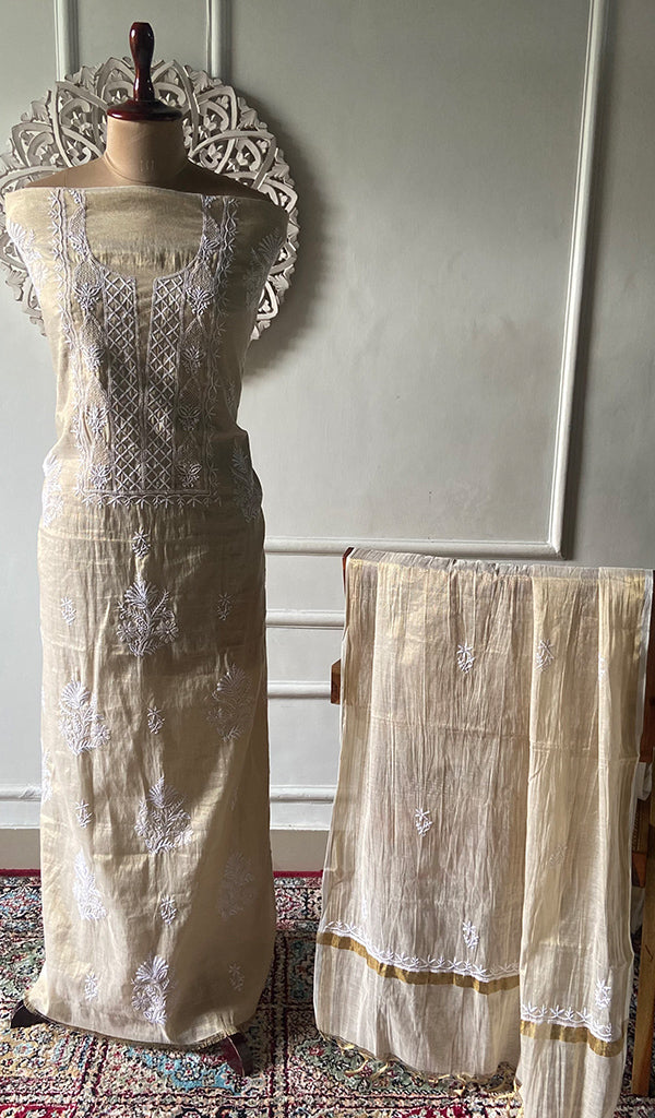 Women's Lakhnavi Handcrafted Tissue Chanderi Unstitched Chikankari Kurta And Dupatta Set - HONC0324413
