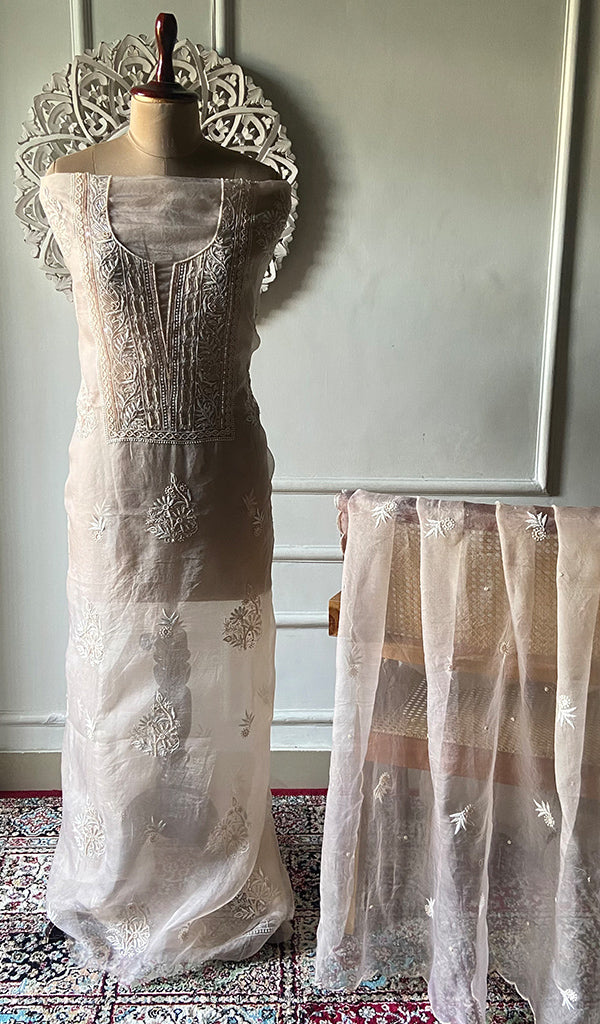 Women's Lakhnavi Handcrafted Pure Organza Chikankari Unstitched Kurta And Dupatta Set- HONC0329219