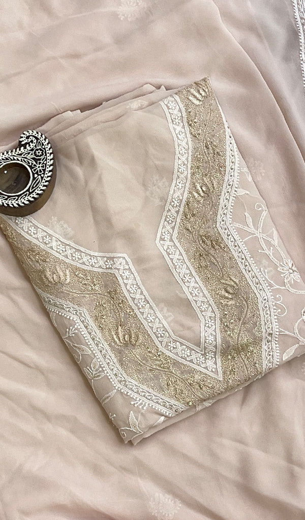 Women's Lakhnavi Handcrafted Pure Silk Georgette Chikankari Full Suit Fabric - HONC0172045