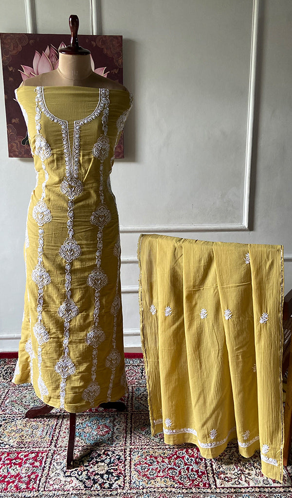 Women's Lakhnavi Handcrafted Cotton Unstitched Kurta And Dupatta Set - HONC0362874