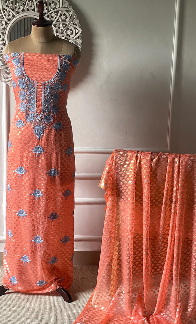 Women's Lakhnavi Handcrafted Chanderi Silk Unstitched Kurta And Dupatta Set - HONC0324542