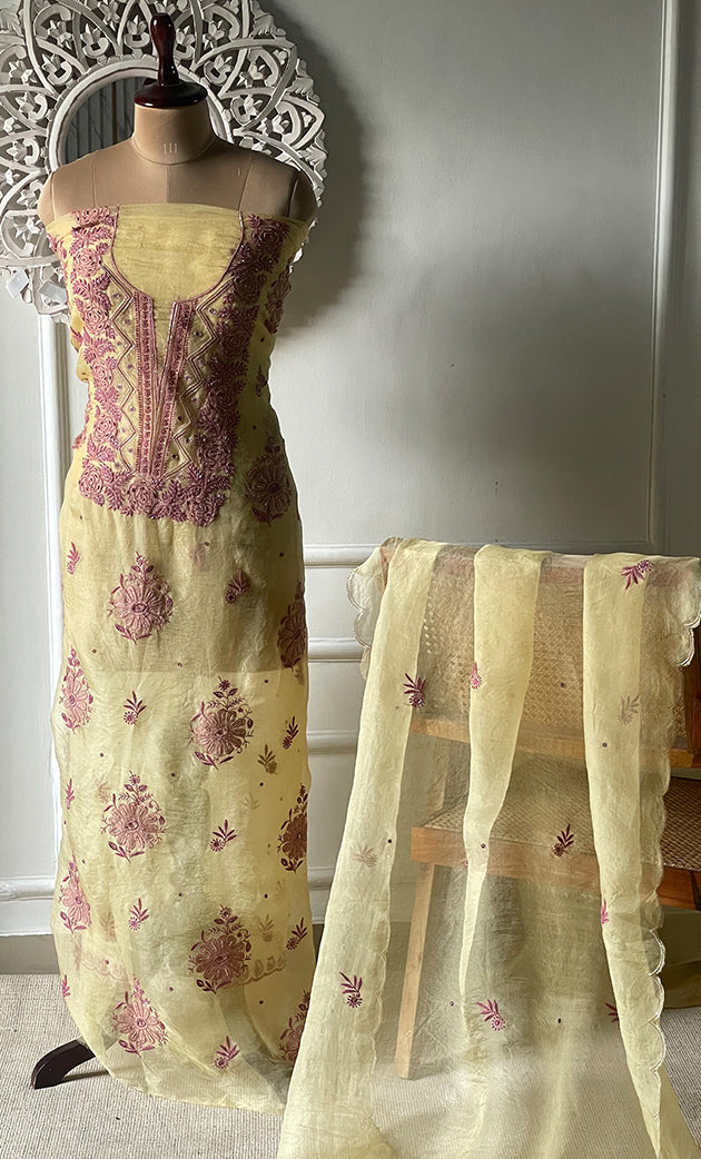 Women's Lakhnavi Handcrafted Pure Organza Chikankari Unstitched Kurta And Dupatta Set- HONC0318666