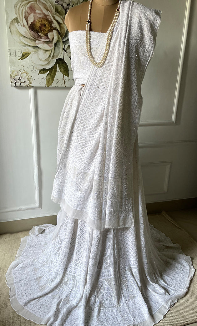 Women's Lakhnavi Handcrafted Bridal Viscose Georgette Chikankari Lehenga Set - HONC0287657