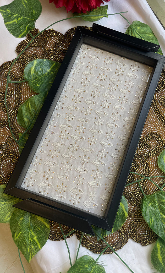 Handcrafted Chikankari Tray with Two Coasters – Wooden Frame - HONC0313531