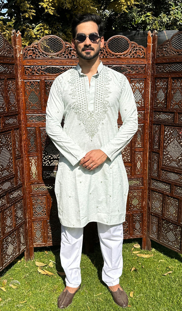 Men's Lucknowi Handcrafted Cotton Chikankari Kurta - HONC0329869