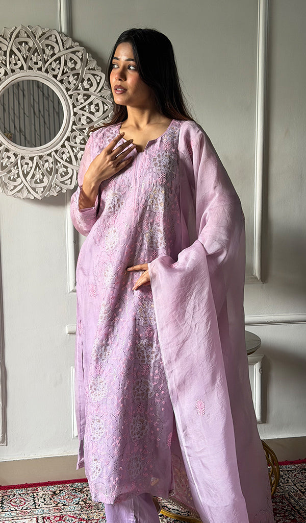 Women's Lucknowi Handcrafted Pure Organza Silk Stitched Chikankari Kurta, Dupatta With Pant Set- HONC0319989