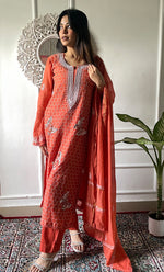 Load image into Gallery viewer, Women's Lakhnavi Handcrafted Mul Chanderi Chikankari Stitched Kurta, Dupatta And Pant Set - HONC0332155