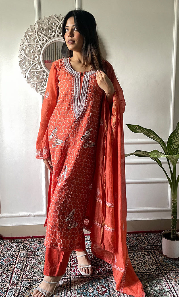 Women's Lakhnavi Handcrafted Mul Chanderi Chikankari Stitched Kurta, Dupatta And Pant Set - HONC0332155