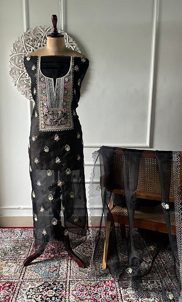 Women's Lakhnavi Handcrafted Pure Organza Chikankari Unstitched Kurta And Dupatta Set- HONC0335375