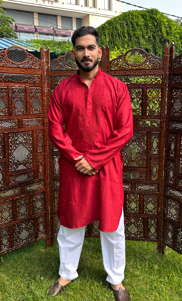 Men's Lucknowi Handcrafted Cotton Chikankari Kurta - HONC0324707