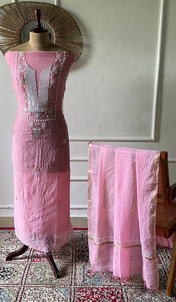 Women's Lakhnavi Handcrafted Mul Chanderi Unstitched Chikankari Full Suit Material - HONC0362598