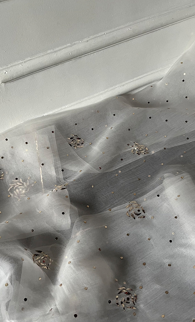 Women's Lakhnavi Handcrafted Pure Organza Chikankari Unstitched Kurti Fabric - HONC0335837