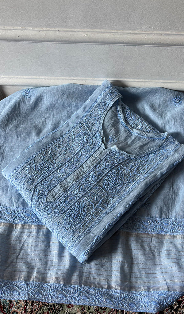 Women's Lakhnavi Handcrafted Mul Chanderi Semi - Stitched Chikankari Full Suit Material - HONC0359801