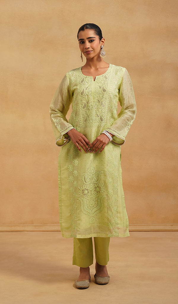 Women's Lucknowi Handcrafted Pure Organza Silk Stitched Chikankari Kurta, Dupatta With Pant Set- HONC06548565