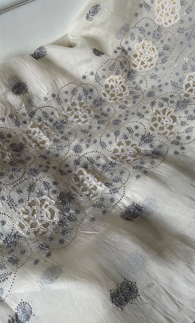 Women's Lakhnavi Handcrafted Pure Organza Chikankari Unstitched Kurta And Dupatta Set- HONC0311879
