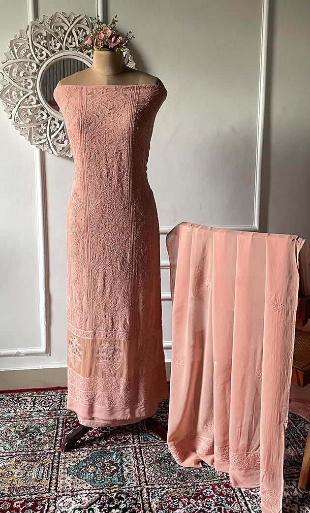 Women's Lakhnavi Handcrafted Viscose Georgette Chikankari Full Suit Material - HONC0299908