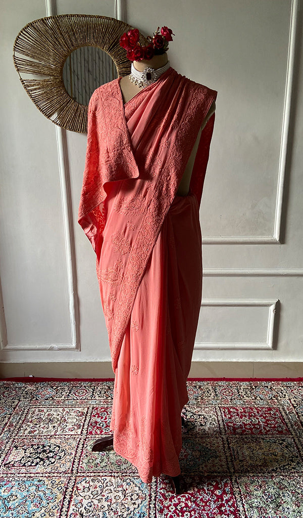 Women's Lakhnavi Handcrafted Pure Silk Georgette Chikankari Saree - HONC0309585