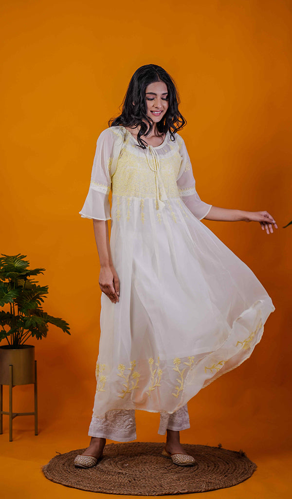 Women's Lakhnavi Handcrafted Faux-Georgette Chikankari Anarkali Dress - HONC038940