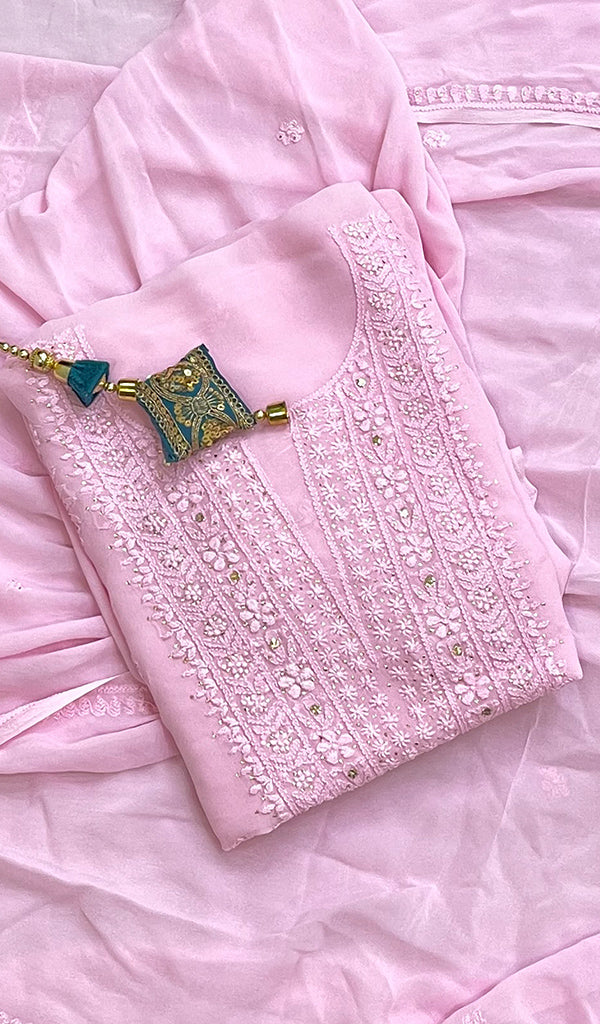 Women's Lakhnavi Handcrafted Viscose Georgette Chikankari Full Suit Material - HONC0155227