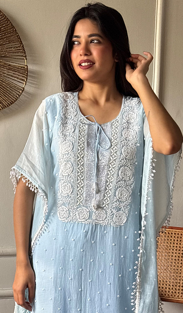 Women's Lucknowi Handcrafted Mul chanderi Chikankari Kaftan - HONC07860458