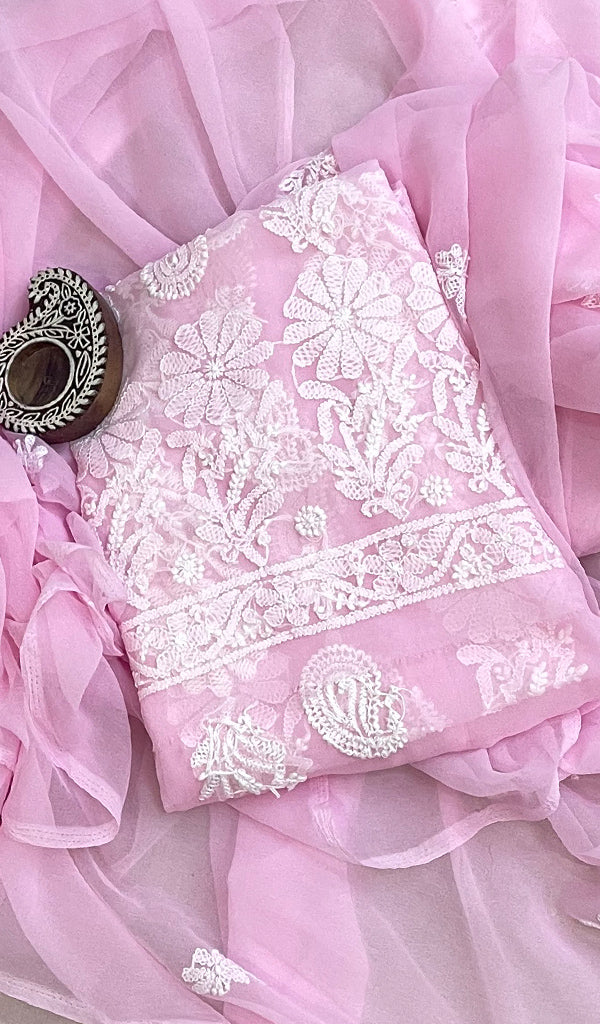 Women's Lucknowi Handcrafted Faux-Georgette Chikankari Unstitched Kurta And Dupatta Material -  HONC0191259
