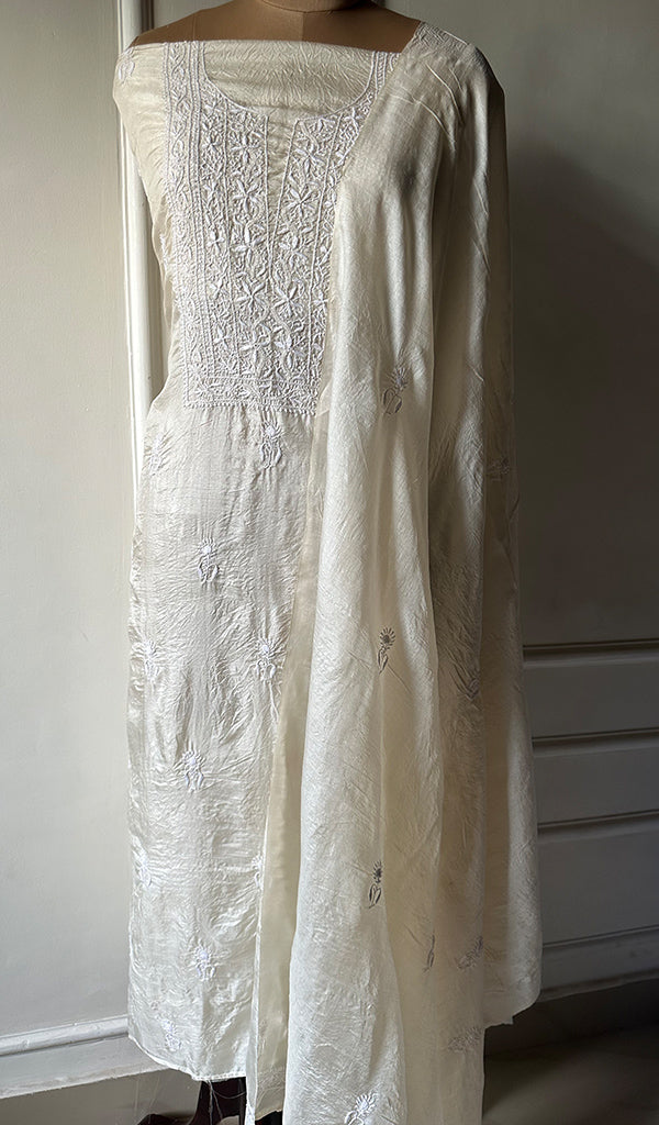 Women's Lakhnavi Handcrafted Tussar Silk Chikankari Kurta And Dupatta Set - HONC0262816