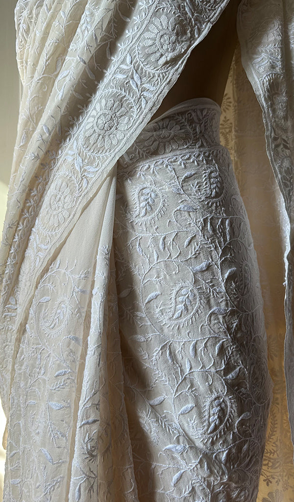 Women's Lakhnavi Handcrafted Pure Silk Georgette Chikankari Saree- HONC0213505
